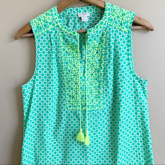J. Crew Tops - J. CREW lime embroidered top sleeveless neon green boho tassels size 0 preppy